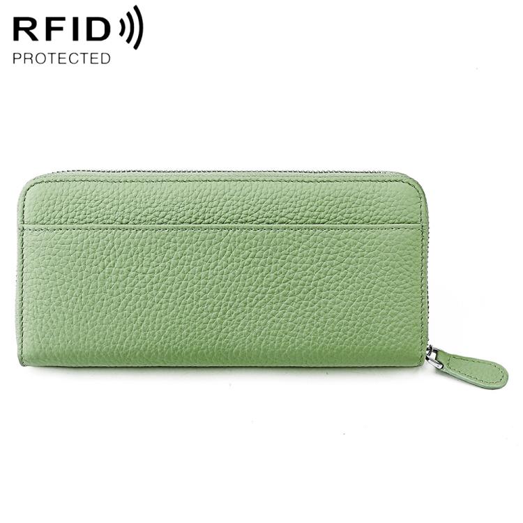 Light green genuine leather RFID coin purse with zip closure and wrist strap