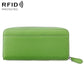 Green genuine leather RFID coin purse with zipper pull and wrist strap