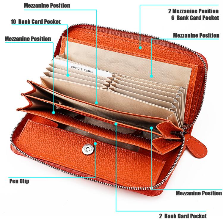 Orange leather accordion zipper coin purse interior with card pockets