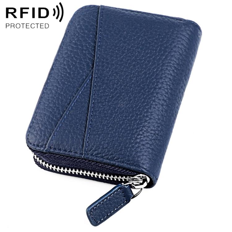 Dark blue genuine leather RFID accordion card bag with zip closure and card slots