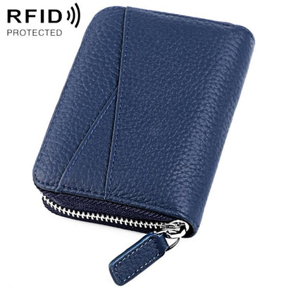 Dark blue genuine leather RFID accordion card bag with zip closure and card slots