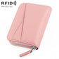 Pink genuine leather RFID accordion card bag with zip closure and card slots