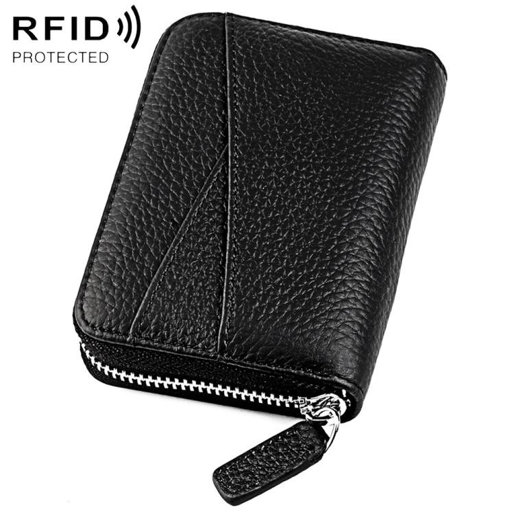 Black genuine leather RFID accordion card bag with zip closure and card slots