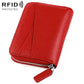 Red genuine leather RFID accordion card bag with zip closure and card slots