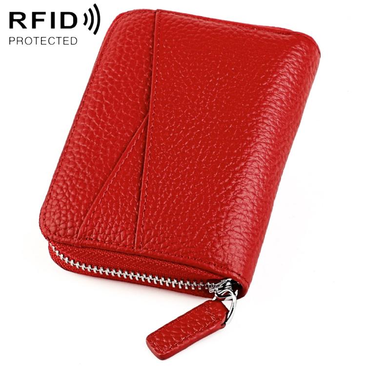 Red genuine leather RFID accordion card bag with zip closure and card slots