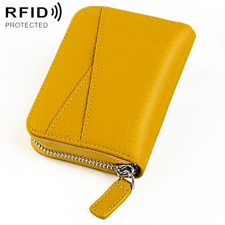 Lemon yellow genuine leather RFID accordion card bag with zip closure and card slots