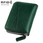 Dark green genuine leather RFID accordion card bag with zip closure and card slots