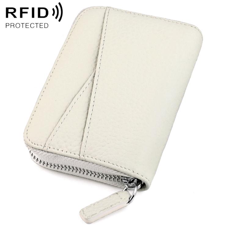 Beige genuine leather RFID accordion card bag with zip closure and card slots