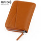 Caramel brown genuine leather RFID accordion card bag with zip closure and card slots