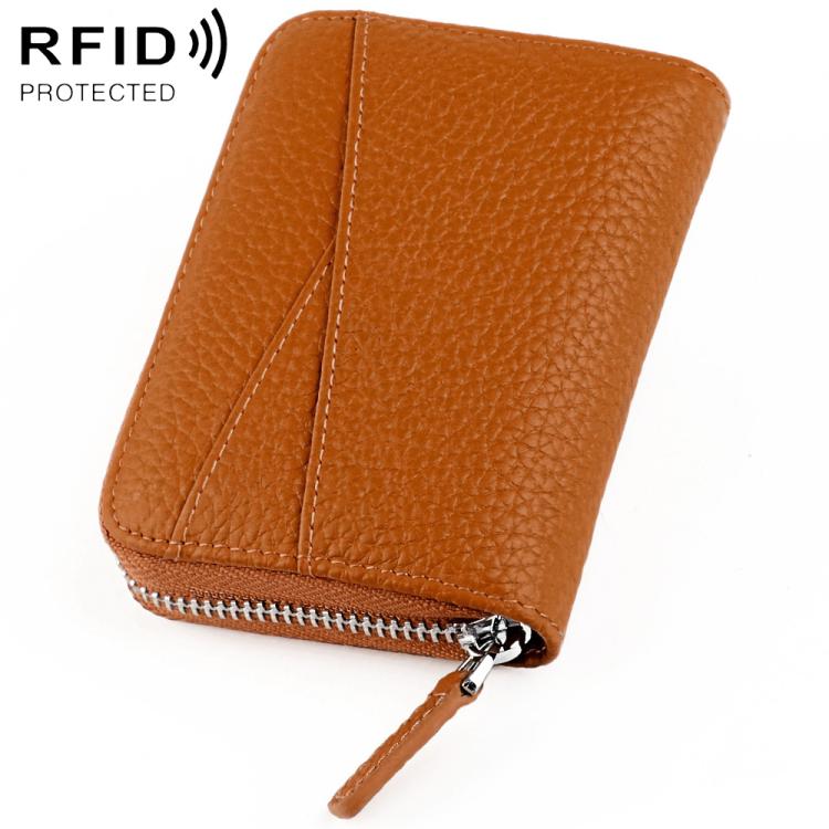 Caramel brown genuine leather RFID accordion card bag with zip closure and card slots