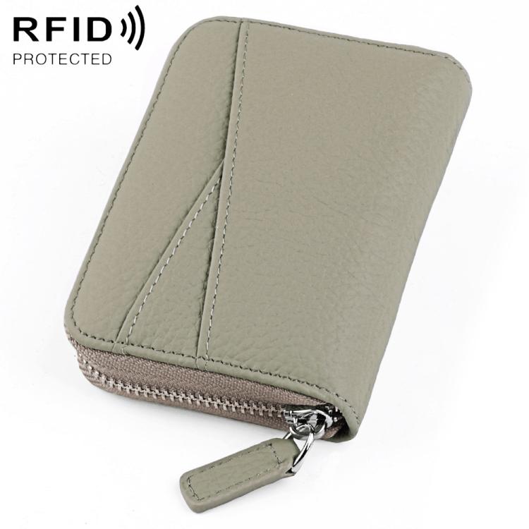 Beige genuine leather zip card holder with accordion-style card slots