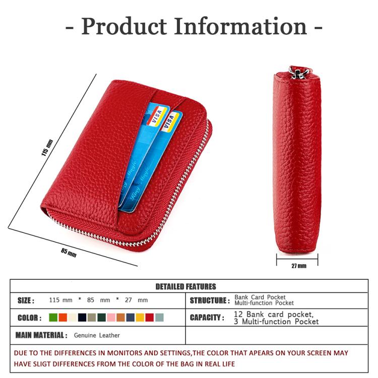 Red genuine leather zip card holder with card compartments and zipper pull
