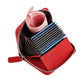 Red leather accordion card holder with zipper and card slots open