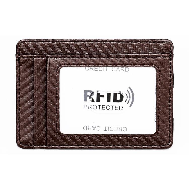 RFID card holder wallet, brown with credit card window showing RFID protected logo