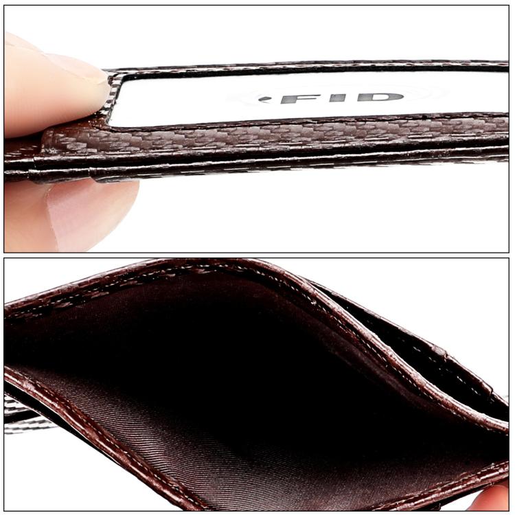 Coffee brown carbon fiber RFID card bag with stitched edge and interior lining