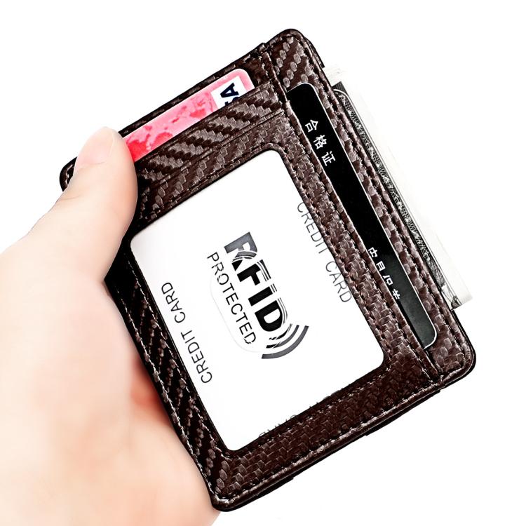 Coffee brown RFID card bag with clear ID window and textured card holder body