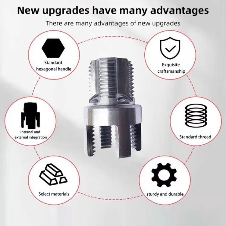 Grey metal pipe thread cutting tool with internal and external threading heads