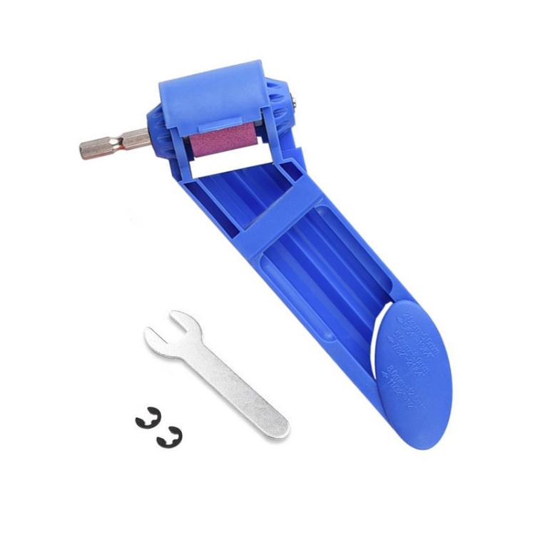 Blue portable drill bit sharpener with pink grinding wheel and included wrench tool