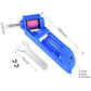 Blue portable drill bit sharpener with pink grinding wheel and wrench accessory