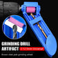 Blue portable drill bit sharpener with pink grinding wheel and drill bit
