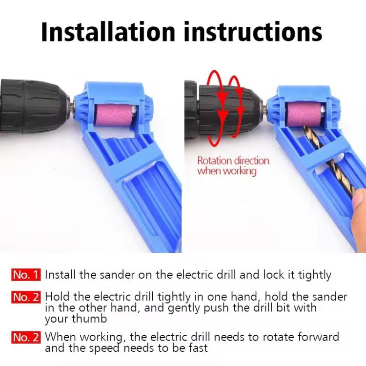 Blue portable drill bit sharpener with pink grinding wheel attached to drill