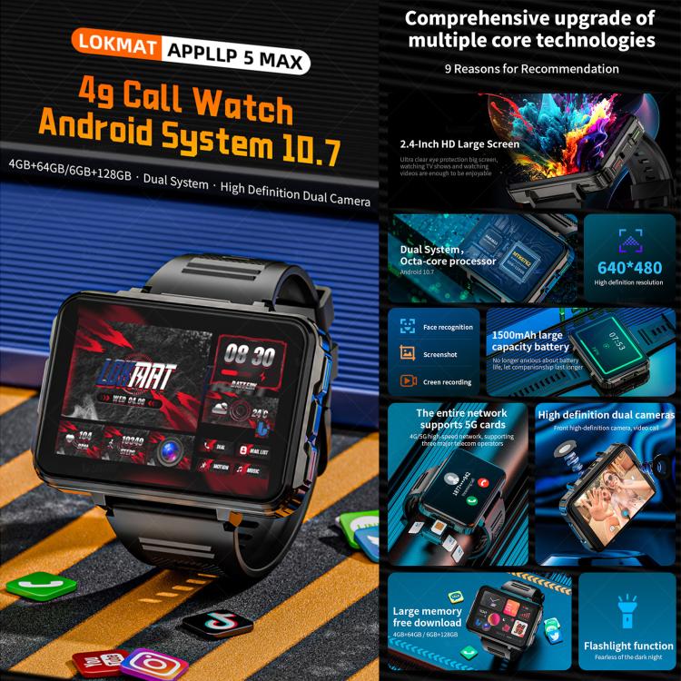 LOKMAT APPLLP 5 Max black smartwatch with large touchscreen and dual cameras