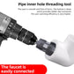 Pipe inner hole threading tool with tapered cutter bit installed on a white pipe elbow