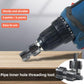 Pipe inner hole threading tool with drill chuck and threaded reamer on wood