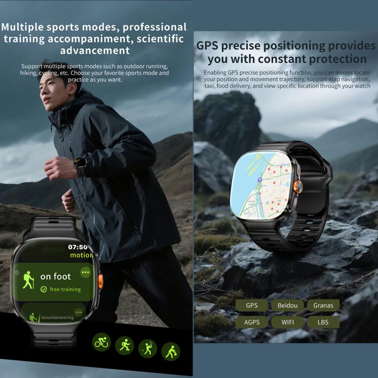 LOKMAT APPLLP 6 Max smartwatch with black strap displaying a map and sports tracking screens