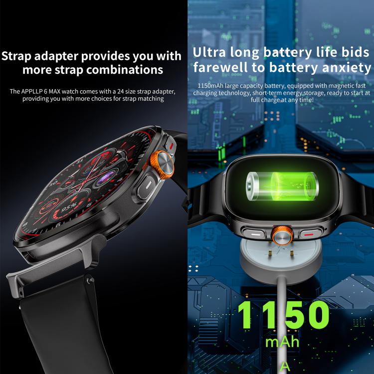 LOKMAT APPLLP 6 Max smartwatch with black strap, orange side button and charging contacts
