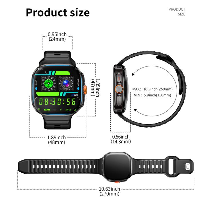 LOKMAT APPLLP 6 Max smartwatch size diagram showing dimensions and adjustable black strap