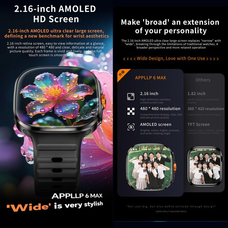 LOKMAT APPLLP 6 Max smartwatch with a large AMOLED screen and black strap