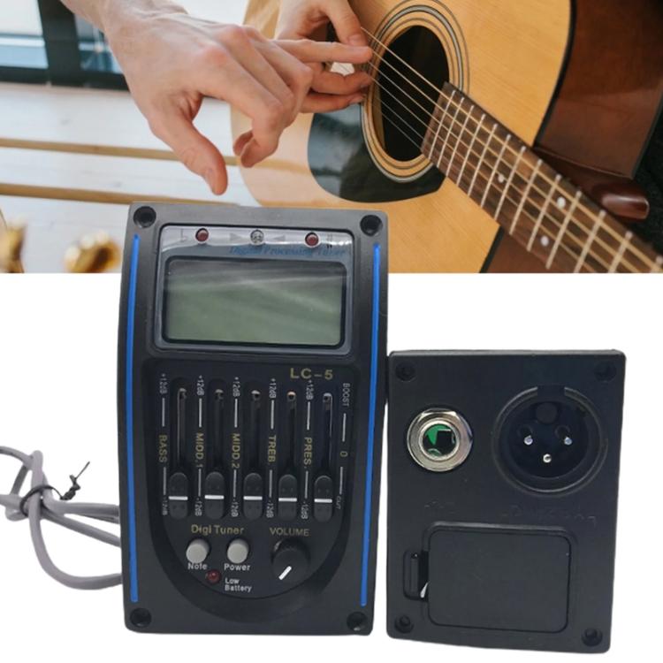 Guitar with mounted four-band EQ module, LCD screen, and control dials