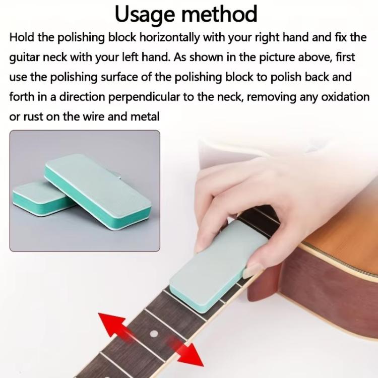 Double-sided polishing block with gray abrasive surface and teal edge, held for guitar polishing