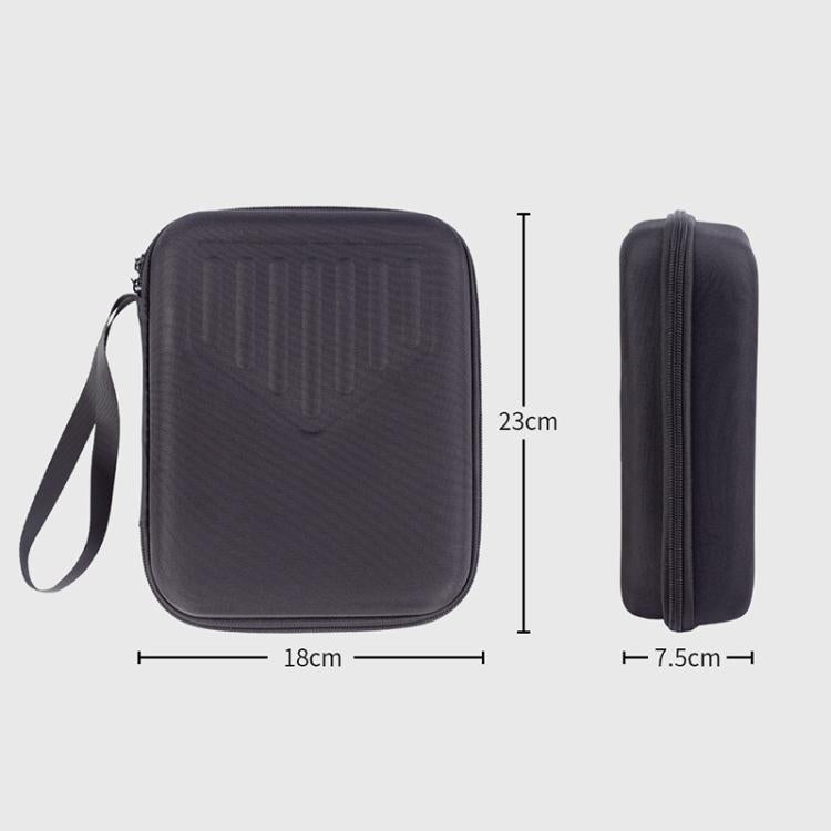 Portable kalimba bag with dimensions, dark rectangular case and side wrist strap