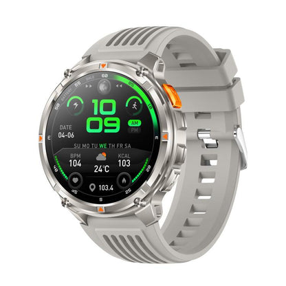 Silver QS10 smartwatch with round display, orange side button, and ventilated strap