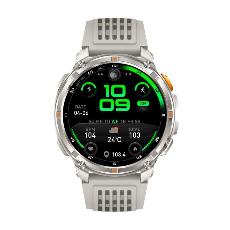 Silver QS10 sports smartwatch with round digital display and perforated silicone strap