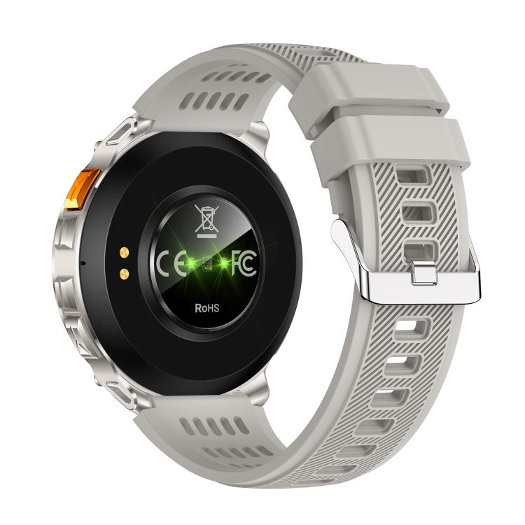 Back of the silver QS10 smartwatch showing its circular sensor and adjustable strap
