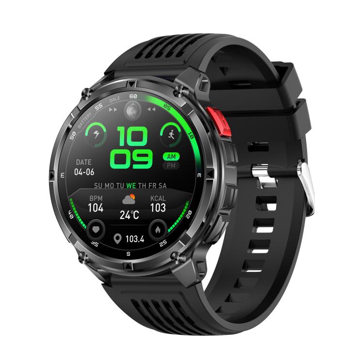 Black QS10 smartwatch with round display, red side button, and ventilated strap