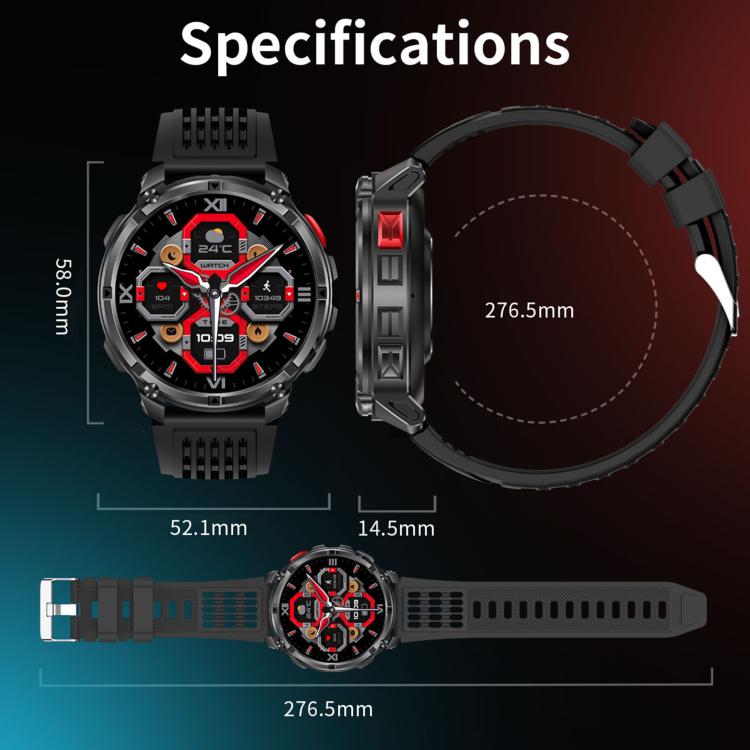 Black QS10 smartwatch shown from front and side with case and strap measurements