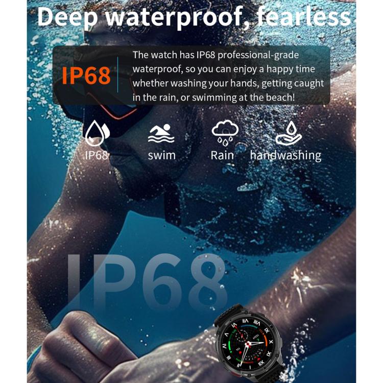 Black sports smartwatch with compass display, shown underwater