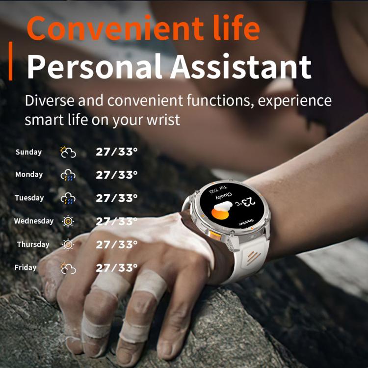Silver sports smartwatch on a wrist, showing weather information