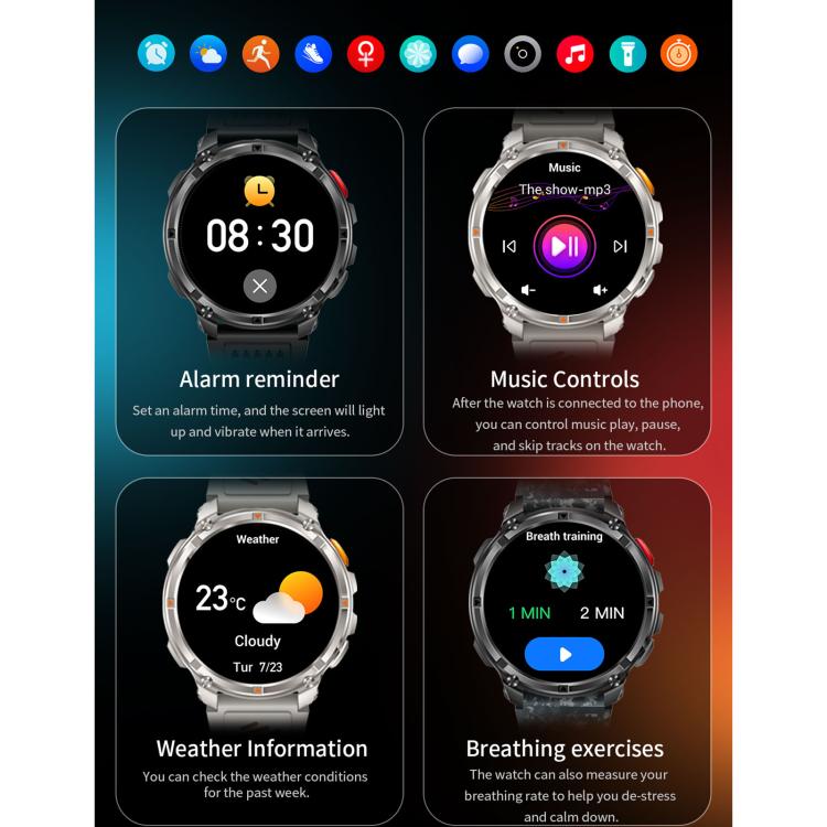 Black and silver sports smartwatches displaying alarm, music, weather, and breathing functions