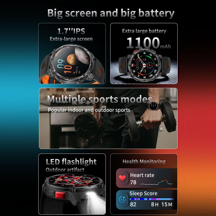 QS10 smartwatch feature graphic highlighting its screen, battery, sports modes, and health tracking