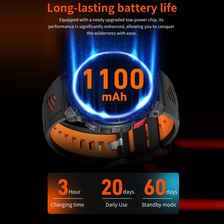 Black QS10 smartwatch with orange-accented strap and 1100 mAh battery