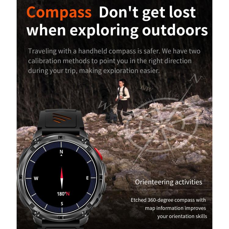 Rugged black sports smartwatch with a round compass display and matching silicone strap
