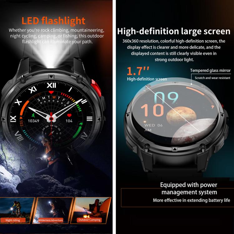Black QS10 smartwatch shown with LED flashlight and large 1.7-inch screen features
