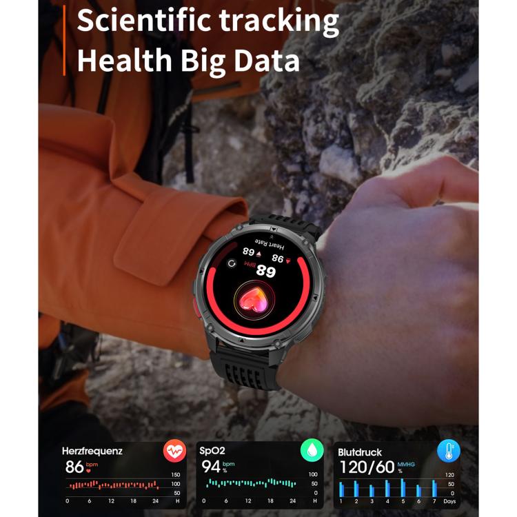 Black sports smartwatch on a wrist, displaying heart rate data