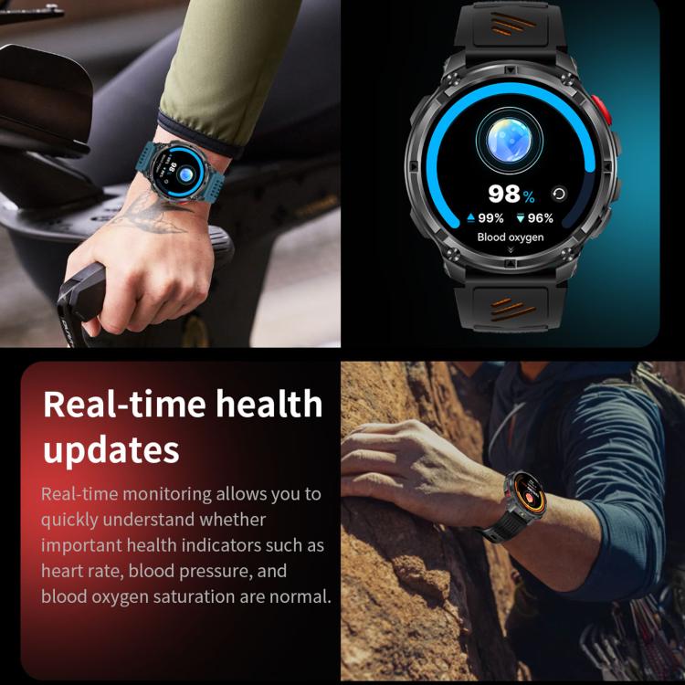 Black sports smartwatch with round display showing blood oxygen readings