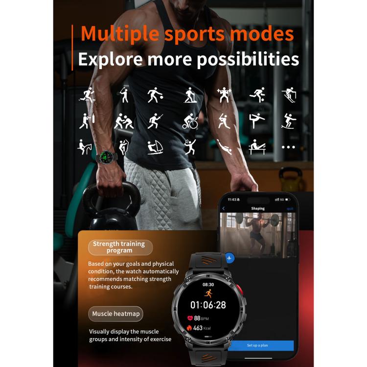 QS10 sports smartwatch shown during strength training, with workout tracking features